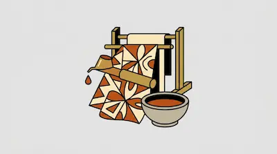 Flat illustration of a patterned textile on a wooden rack with a bamboo ladle and a bowl of dye on a gray background