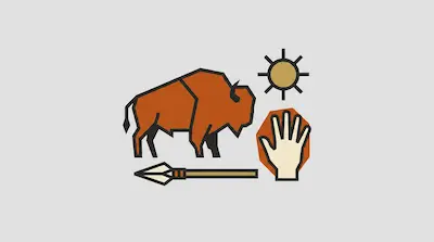 Flat illustration of a brown bison, a spear, a sun, and a hand print on a light gray background with thick outlines
