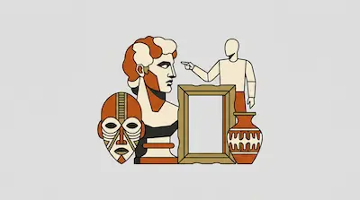 Flat illustration of a classical bust, an African mask, a picture frame, and a vase in orange and cream tones