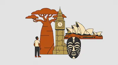 Flat illustration of a man looking at a baobab tree, a clock tower, the Sydney Opera House, and a tribal mask