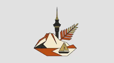 Flat illustration of a mountain, a tall tower, a fern leaf, and a sailboat in orange and cream tones