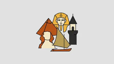 Flat illustration of Egyptian icons including a pharaoh mask, a pyramid, a sailboat, and a lighthouse on a gray background