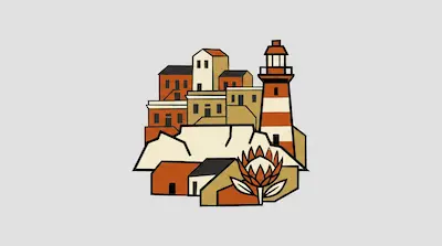 Flat illustration of a coastal village with a striped lighthouse, geometric houses, and a protea flower on a grey background