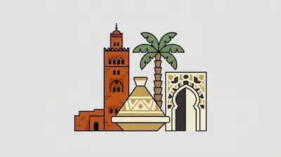 Flat illustration of a terracotta minaret, a green palm tree, and a patterned tagine pot on a light grey background