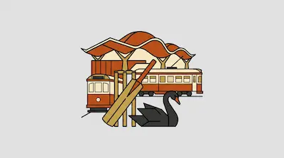 Flat illustration of a black swan, a cricket bat, and vintage orange trams under a wavy roof on a gray background