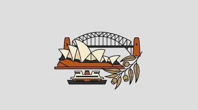 Flat illustration of a white opera house, a black arched bridge, and a ferry boat with a gum leaf branch