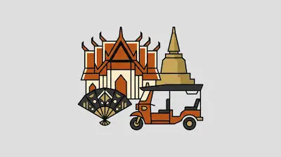 Flat illustration of a Thai temple, a golden stupa, a folding fan, and a tuk-tuk taxi on a light gray background