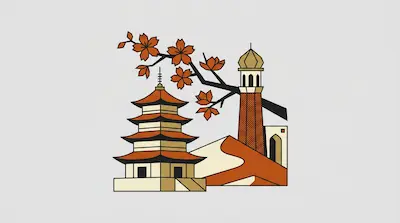 Flat illustration of a Japanese pagoda, a desert sand dune, and a cherry blossom branch on a light grey background