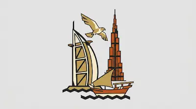 Flat illustration of a falcon flying over a sailboat and two modern skyscrapers on a light gray background
