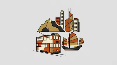 Flat illustration of a double-decker tram, a junk boat, and city skyscrapers against a mountain on a grey background