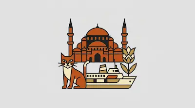 Flat illustration of a mosque, a ferry boat, a tulip, and a ginger cat in a minimalist graphic style on a gray background