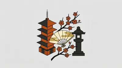 Flat illustration of a Japanese pagoda, a stone lantern, and a folding fan with cherry blossoms on a gray background