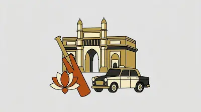 Flat illustration of a stone archway with a cricket bat, a lotus flower, and a vintage taxi on a plain background
