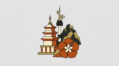 Flat illustration of a tiered pagoda, a communications tower, a mountain, and a red hibiscus flower on a gray background