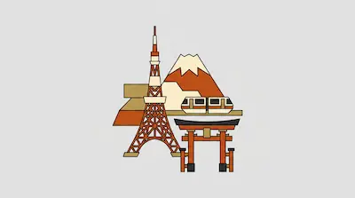 Flat illustration of a communications tower, a snow capped mountain, and a torii gate in orange and cream tones