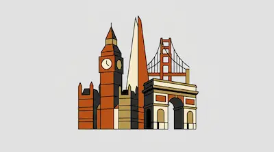 Flat illustration of world landmarks including a clock tower, a suspension bridge, and a stone arch on a gray background