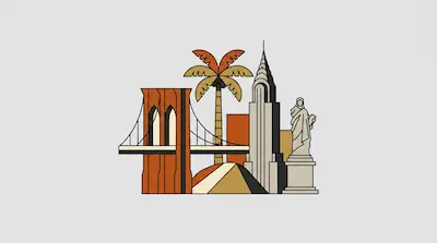 Flat illustration of a bridge, a palm tree, and a skyscraper in shades of orange and tan on a light grey background