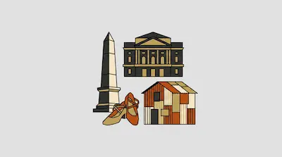Flat illustration of an obelisk, a grand theater building, ballet shoes, and a colorful shack on a gray background