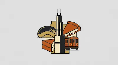 Flat illustration of a city skyline featuring a tall skyscraper, a slice of pizza, and a train car on a gray background