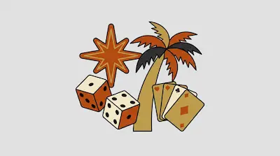 Flat illustration of a palm tree, two dice, playing cards, and a star in orange and tan tones on a gray background