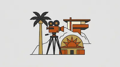 Flat illustration of a vintage movie camera on a tripod next to a palm tree and a modern house on a gray background