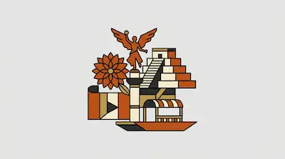 Flat illustration of a winged statue, a stepped pyramid, and a flower in orange and cream tones on a grey background