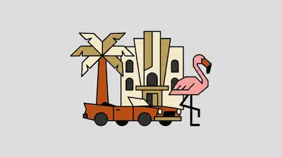 Flat illustration of an orange vintage car, a pink flamingo, and a palm tree in front of an Art Deco building