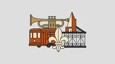 Flat illustration of a gold trumpet, a red streetcar, and a fleur-de-lis symbol on a light gray background