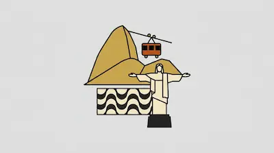 Flat illustration of a statue with open arms, a cable car, and a mountain peak on a light gray background