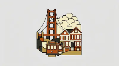 Flat illustration of a suspension bridge, Victorian houses, and a cable car in warm tones on a light background