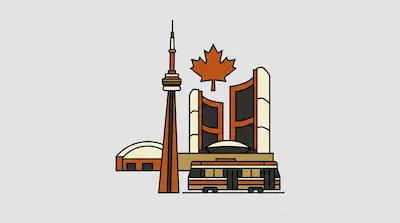 Flat illustration of a city skyline featuring a tall tower, a maple leaf, and a streetcar on a light gray background