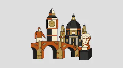 Flat illustration of a clock tower, a domed cathedral, and a stone bridge with a human figure on a gray background