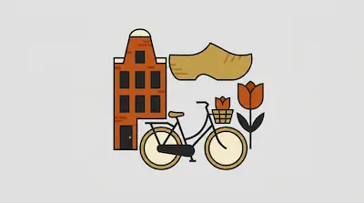 Flat illustration of a Dutch canal house, a wooden clog, a bicycle, and a tulip on a light gray background