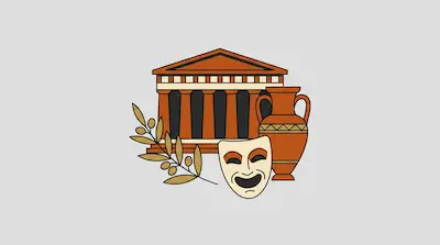 Flat illustration of a Greek temple, an amphora vase, an olive branch, and a comedy theater mask on a gray background