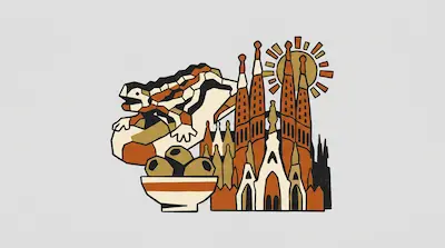 Flat illustration of a mosaic lizard, a bowl of olives, and a cathedral with spires under a sun on a gray background