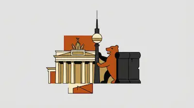 Flat illustration of a brown bear standing next to a tall tower and a classical building with columns and a statue