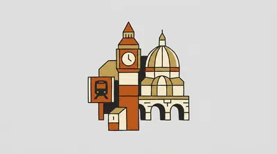A clock tower, a cathedral dome, a metro sign with a train icon, and a stone bridge with arches in burnt orange, cream, and gold tones.