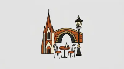 A pointed cathedral spire with a cross, a stone bridge arch, a small cafe table with two chairs and a steaming cup, and a street lamp.
