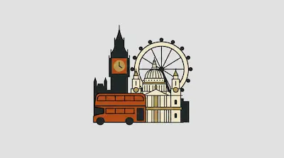 Flat illustration of a red double-decker bus, a clock tower, and a large ferris wheel on a light gray background