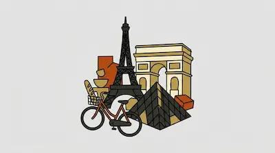Flat illustration of the Eiffel Tower, Arc de Triomphe, and a bicycle with a baguette on a light grey background