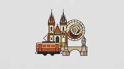 Flat illustration of a red tram, a gothic cathedral with twin spires, and a large astronomical clock on a gray background