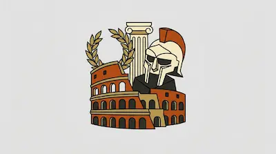 Flat illustration of the Roman Colosseum, a gladiator helmet, a laurel wreath, and a stone column on a gray background