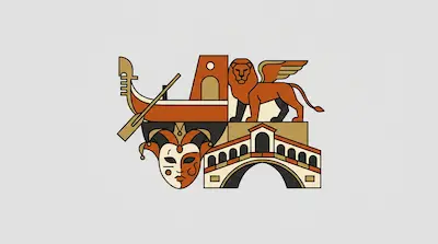 Flat illustration of a winged lion, a gondola, a carnival mask, and a stone bridge in orange and tan tones