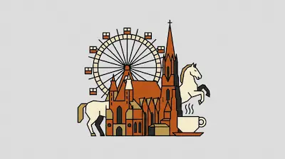 Flat illustration of a Ferris wheel, a tall church spire, a white horse, and a steaming coffee cup on a gray background