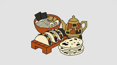 A bowl of ramen, three tacos on a wooden stand, a stack of flatbreads, and a patterned teapot.