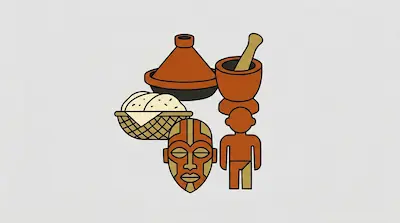 Flat illustration of a tagine, a mortar and pestle, a woven basket of bread, and an African mask on a gray background
