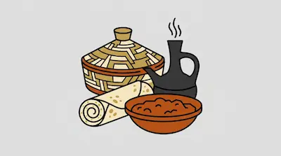 Flat illustration of Ethiopian food featuring a woven mesob basket, rolled injera bread, and a steaming black jebena pot
