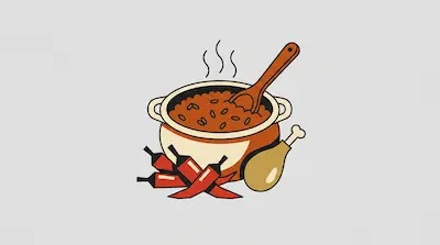 Flat illustration of a steaming pot of chili with a wooden spoon, red peppers, and a chicken leg on a gray background
