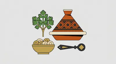 Flat illustration of a patterned clay tagine, a sprig of cilantro, a bowl of olives, and a spoon on a gray background