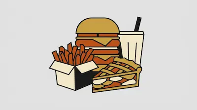 Flat illustration of a fast food meal with a double cheeseburger, french fries, a slice of pie, and a soda cup